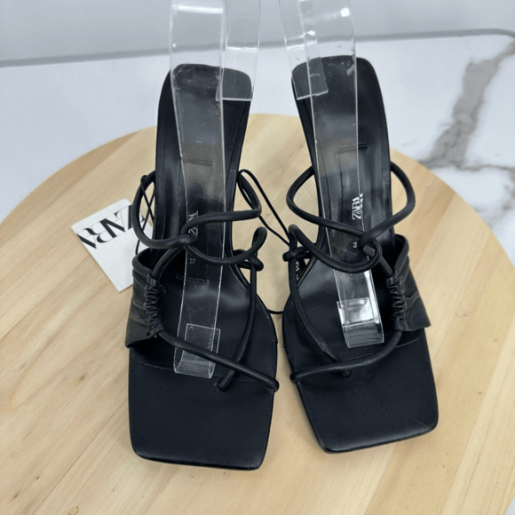 Zara Womens Leather Asymmetrical Heeled Sandals Size 7 Minimalist - Picture 6 of 14